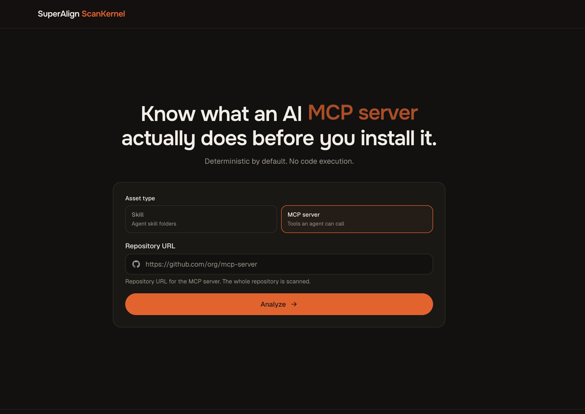 SuperAlign ScanKernel form with the asset type set to MCP server, taking a GitHub repository URL for the server to scan