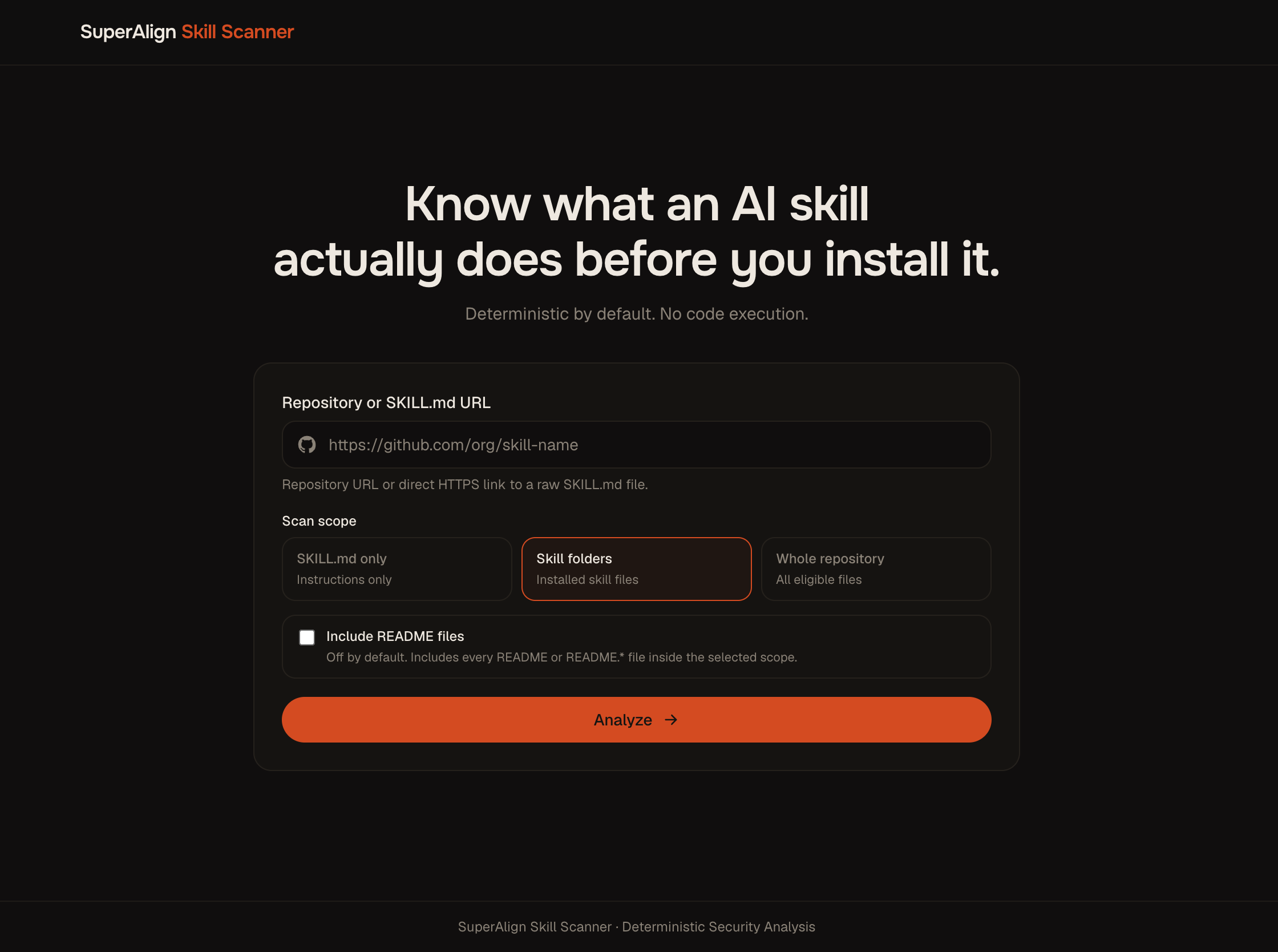 SuperAlign Skill Scanner form taking a GitHub repository URL, with the three scan scopes and the include-README toggle