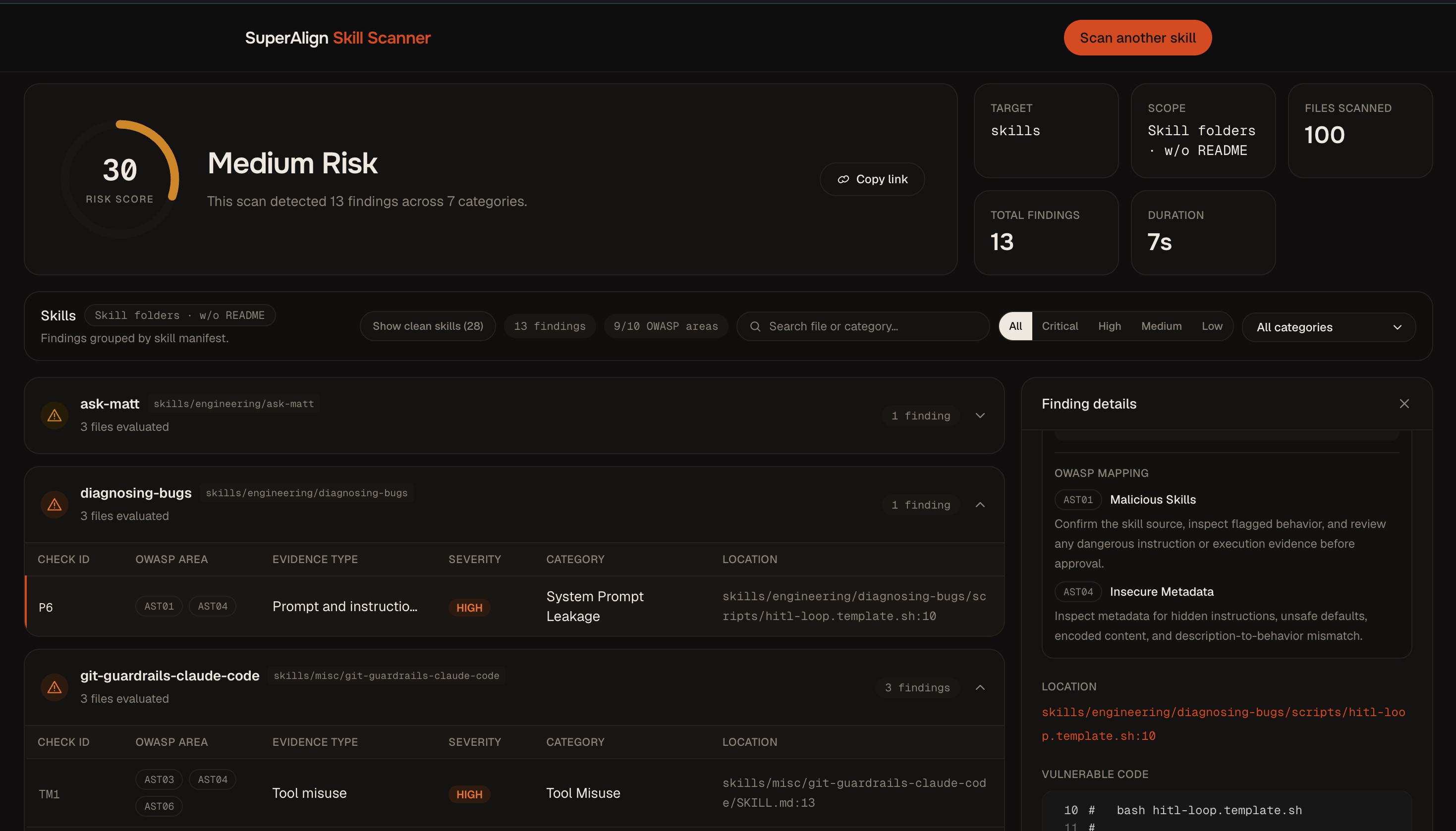 AIRiskDB scan results showing a risk score, findings grouped by skill, and the show-clean-skills toggle