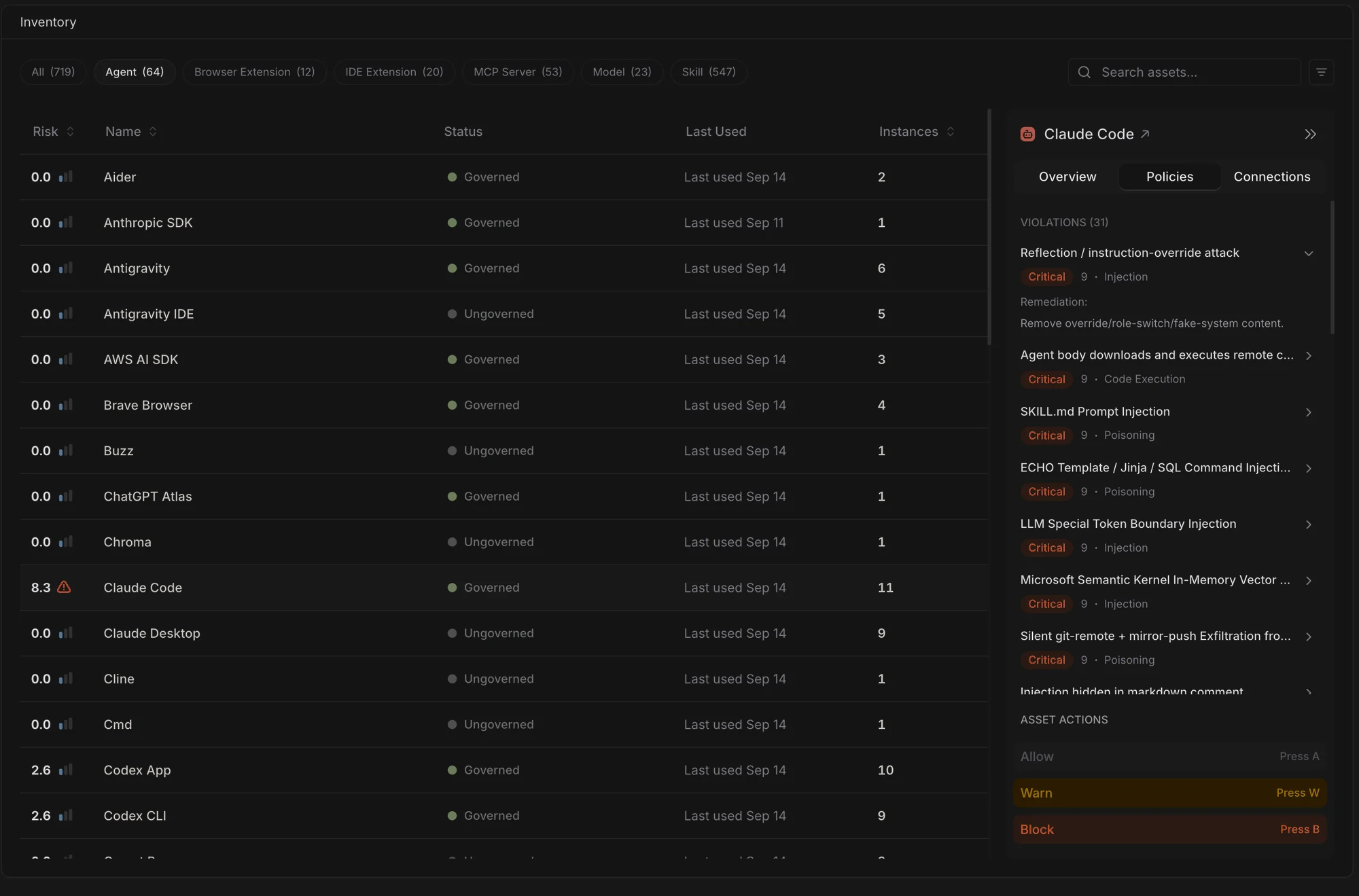 SuperAlign Inventory page with the Claude Code asset card open on its Policies tab, listing failed policy checks with severity, score and category, one expanded to show its remediation, above the Allow, Warn and Block actions