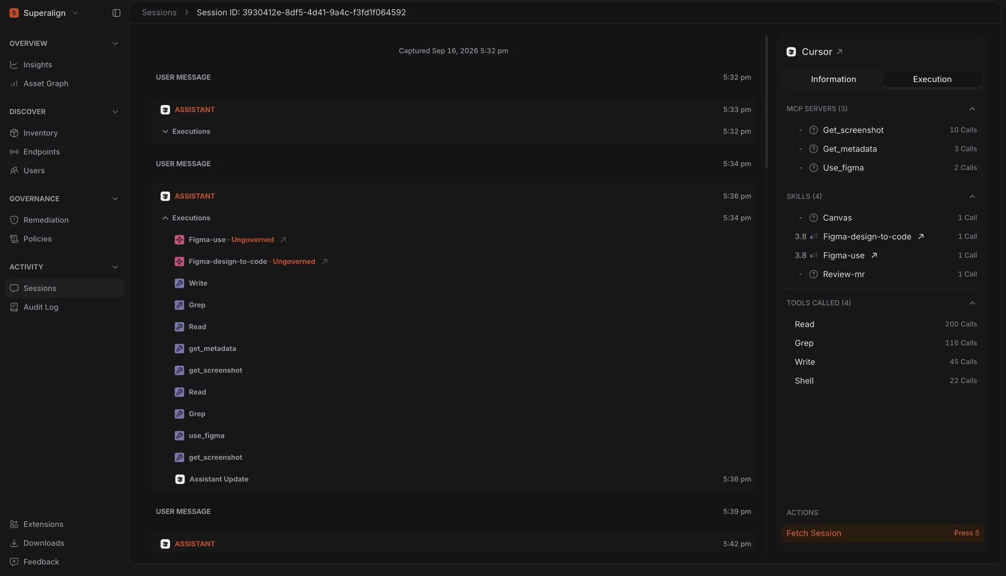 SuperAlign session trace for a Cursor session with the Execution tab open, listing MCP servers and skills with their risk scores, and unassessed ones marked with an Unknown Risk icon