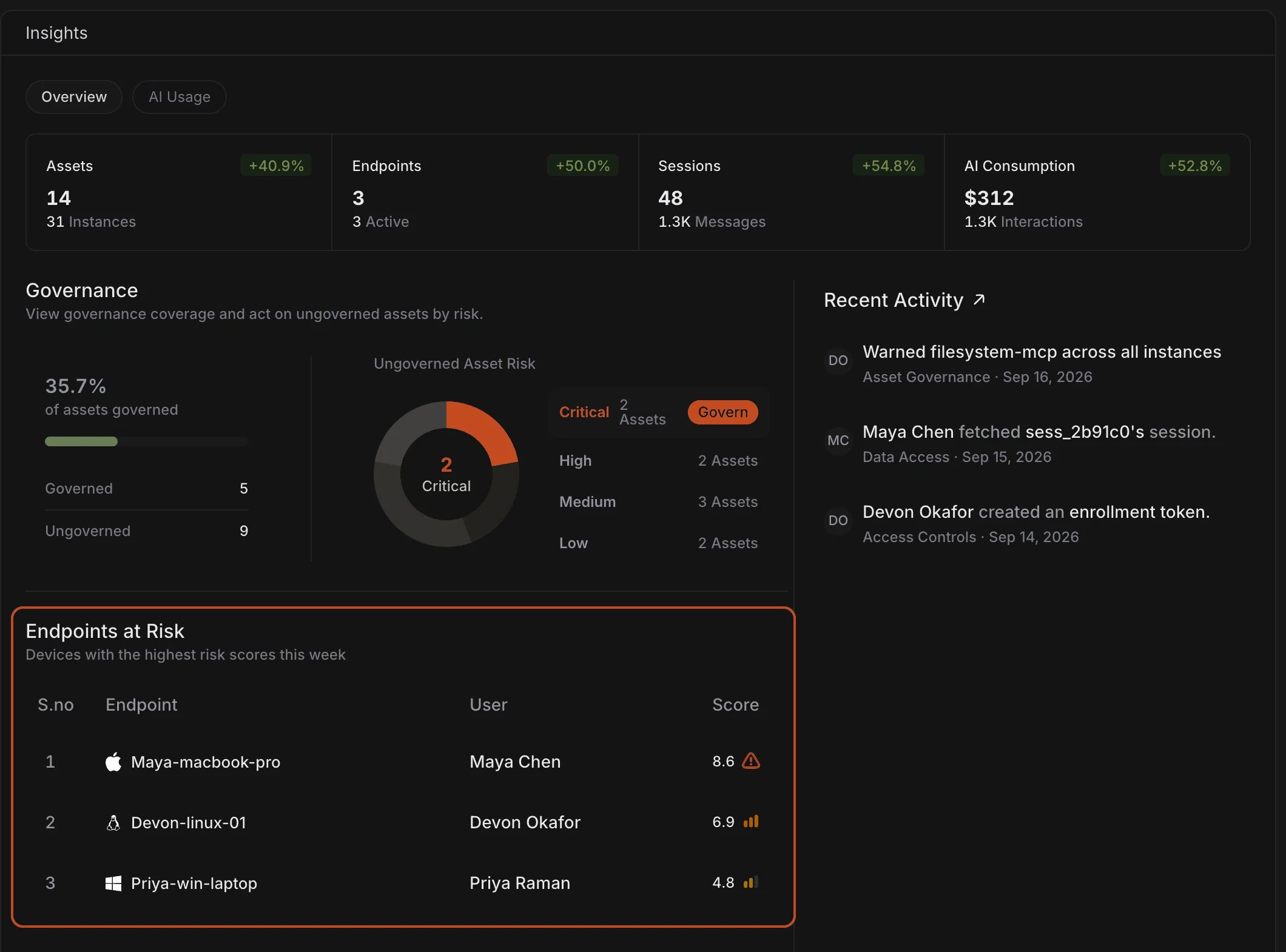 Insights Overview on a sample organization. Assets, Endpoints, Sessions and AI Consumption sit in one row, Governance is below, and the new Endpoints at Risk table is outlined: three devices with their user and risk score.