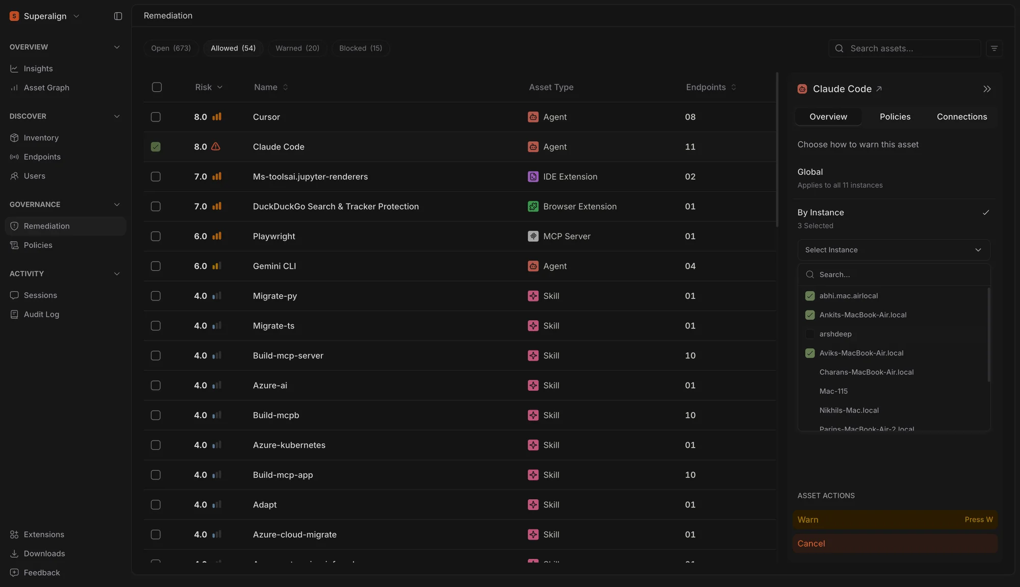 SuperAlign Remediation page with the Claude Code asset panel open, choosing to warn by instance with three endpoints selected from the searchable instance list