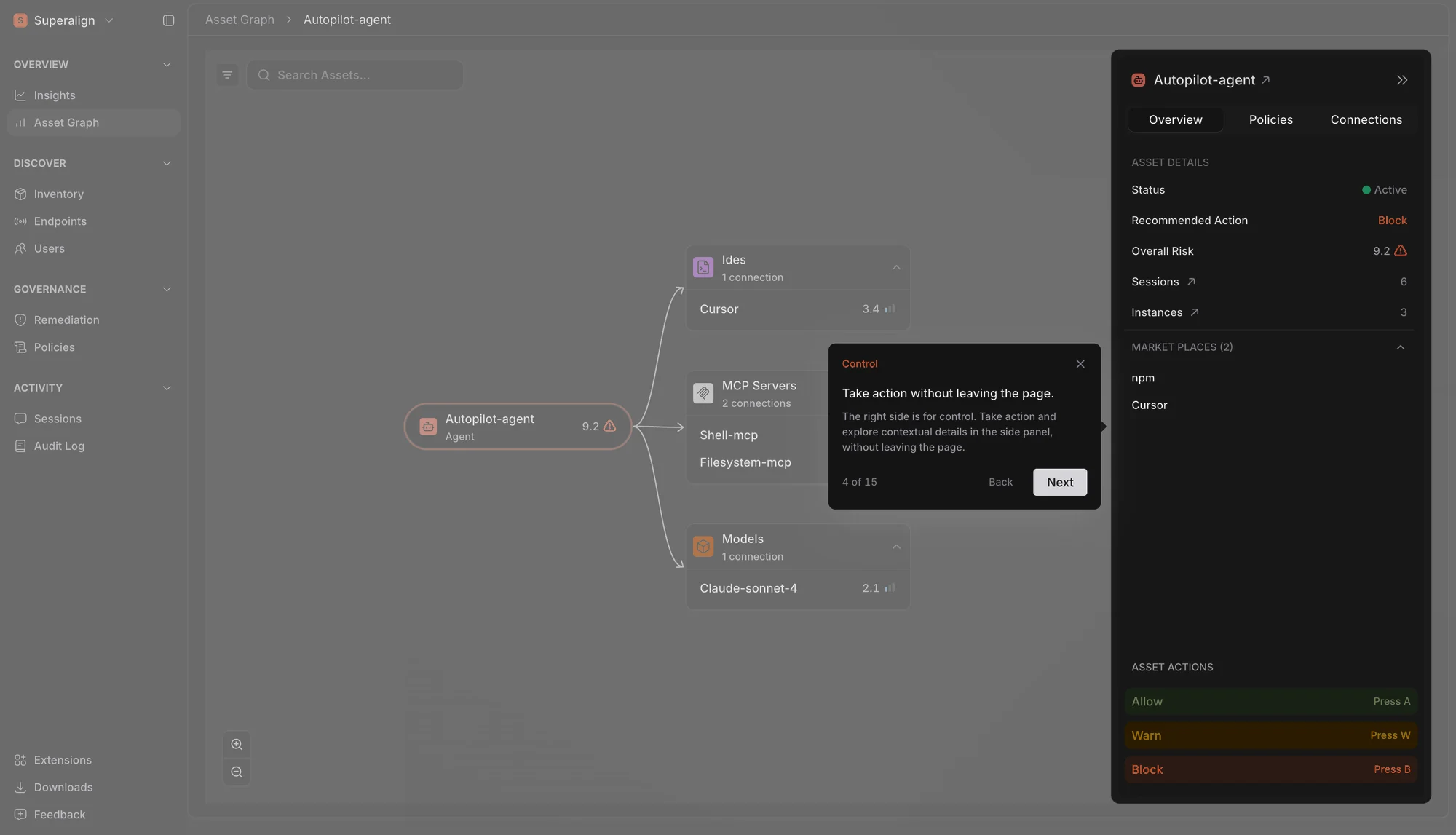SuperAlign Asset Graph with the guided tour open on step 4 of 15, pointing at the Autopilot-agent side panel and its Allow, Warn and Block actions