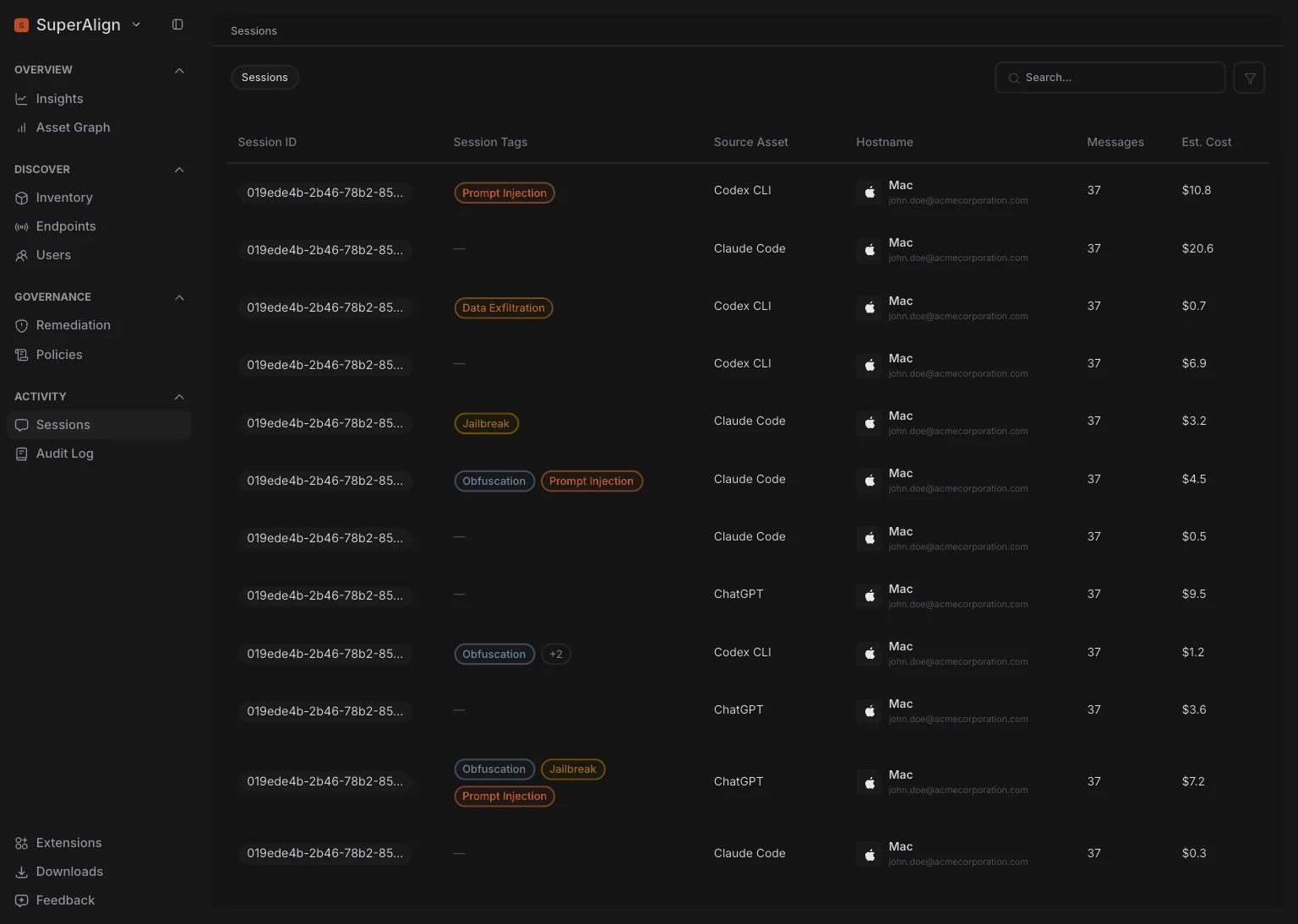 Sessions table with a Session Tags column: sessions tagged Prompt Injection, Data Exfiltration, Jailbreak and Obfuscation, untagged sessions shown with a dash